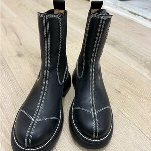 Ganni Black Leather Ankle Booties with White Contrast Stitching